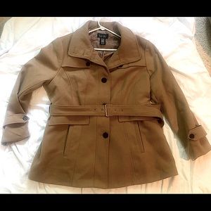 Women’s XXL Tan Carmel Button Up Pea Coat with Belt.